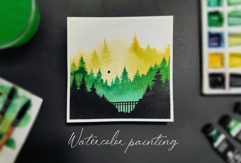 Serene Pine Landscape With Watercolors