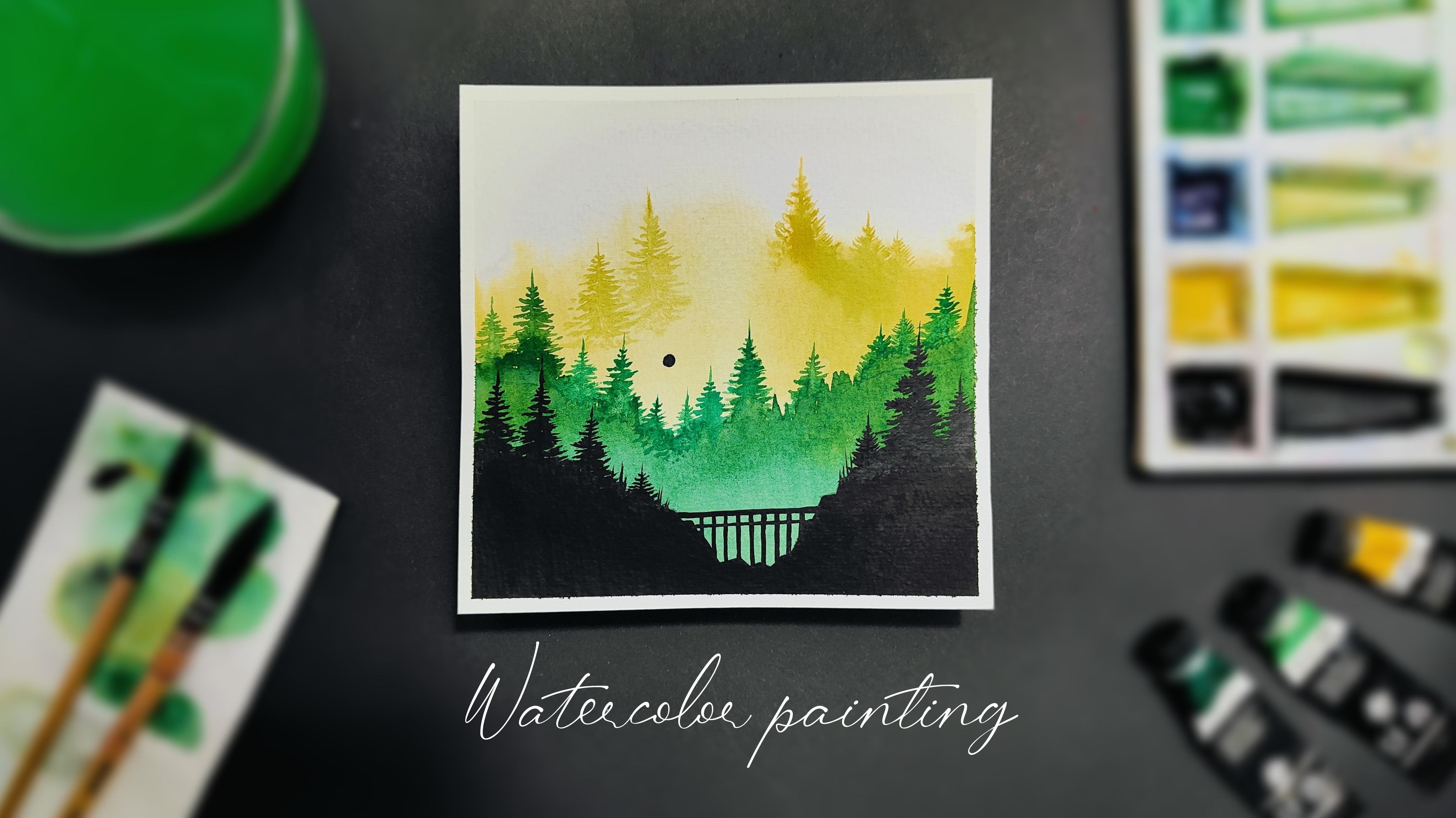 Serene Pine Landscape With Watercolors - student project