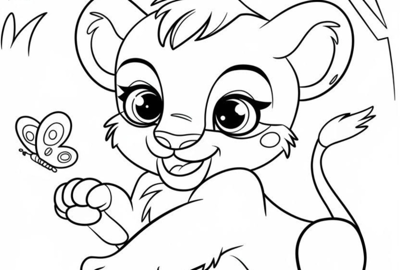 Baby lion and butterfly