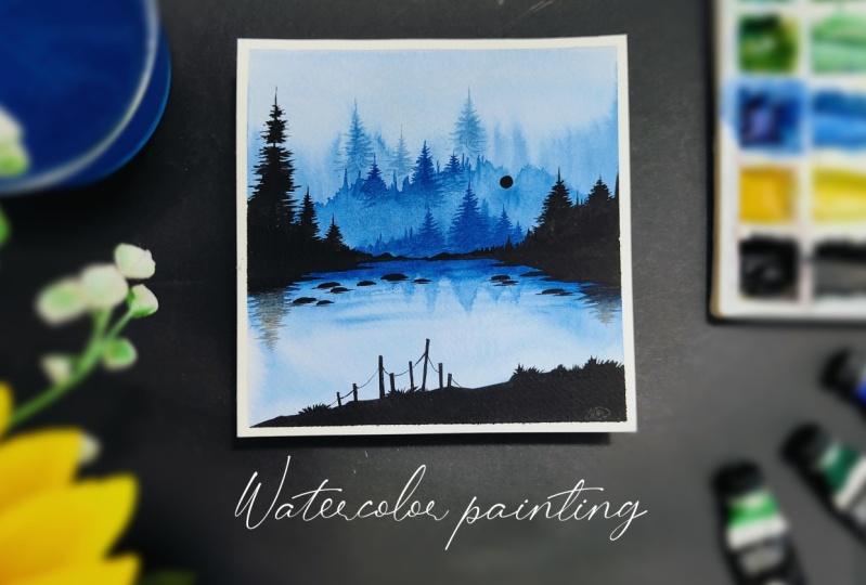 Winter Lake Landscape With Watercolors