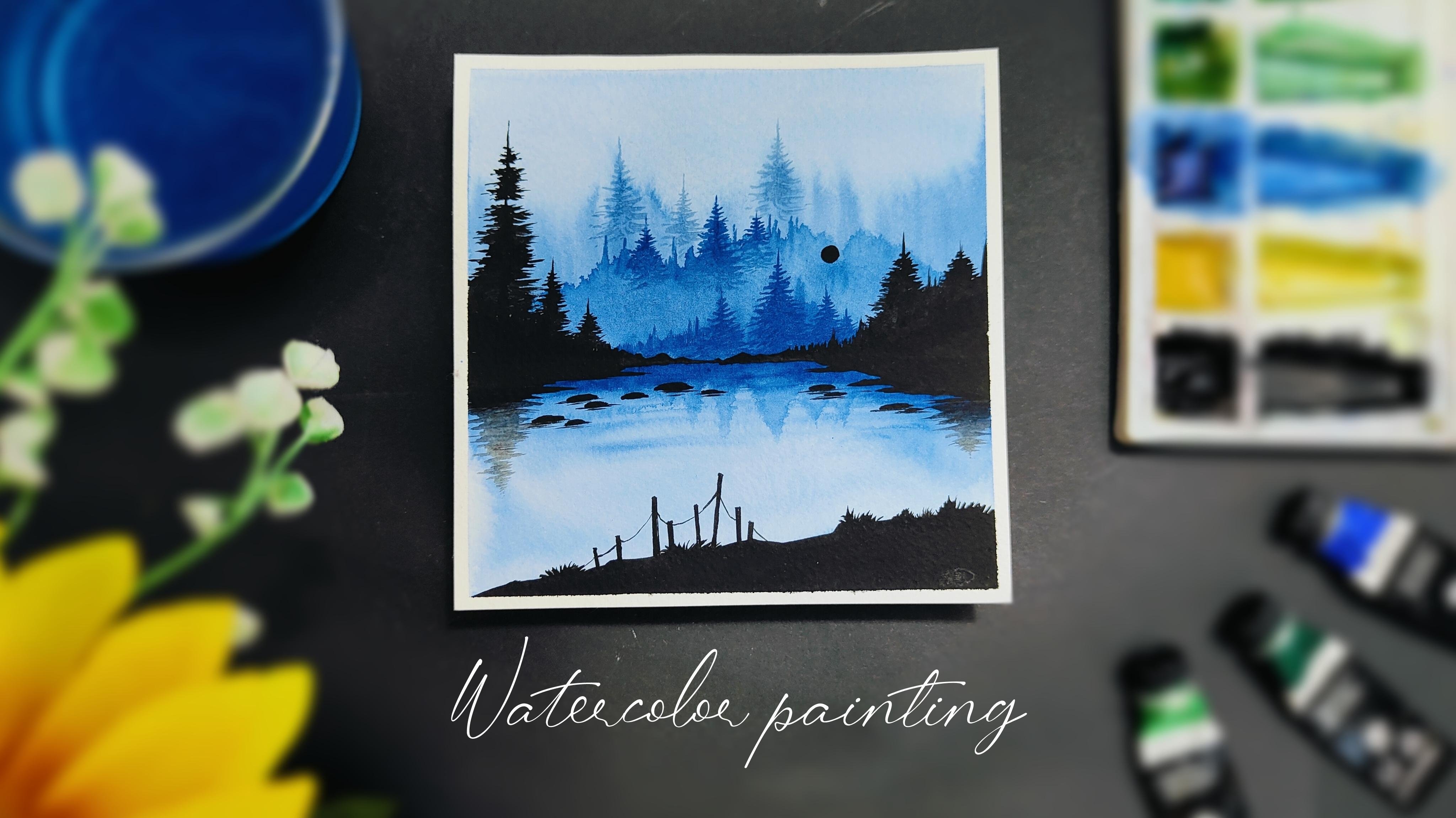 Winter Lake Landscape With Watercolors - student project