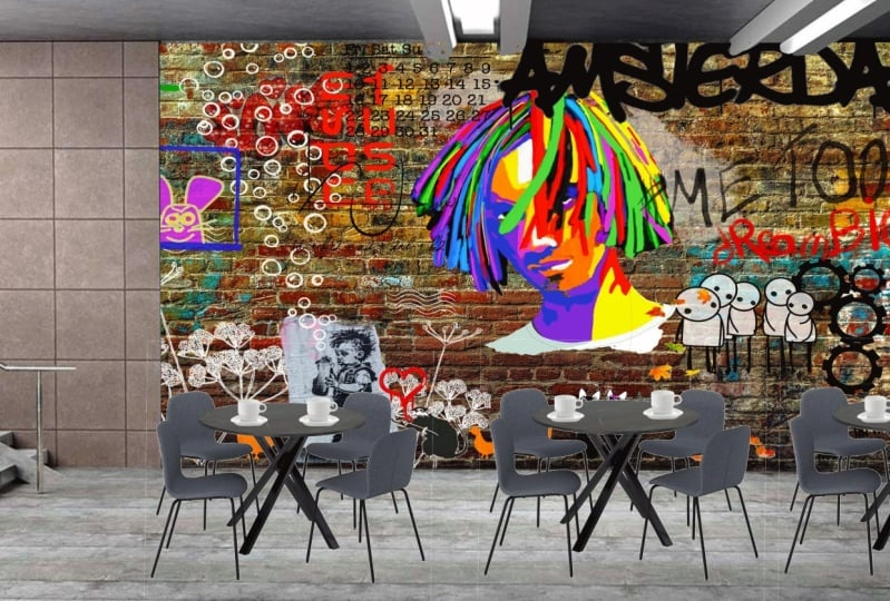 Wallpaper and wall graffiti.