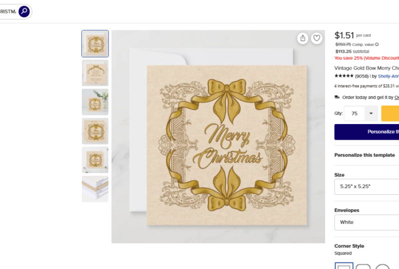 Vintage Gold Bow Merry Christmas Holiday Card