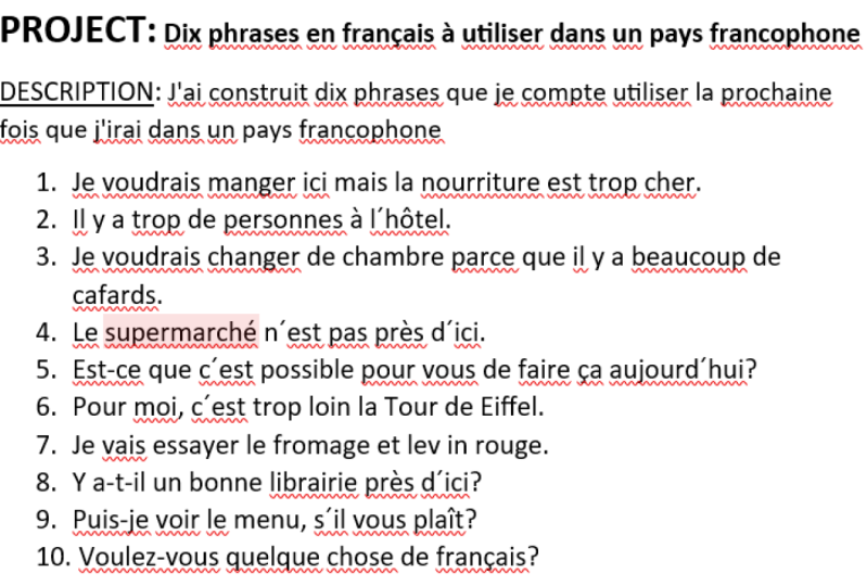 Class Project - Dix pharses en francais à utiliser dans un pays francophone