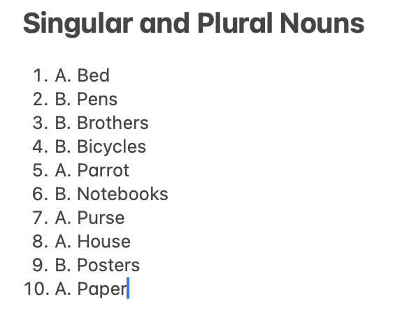 Singular and Plural Nouns - student project