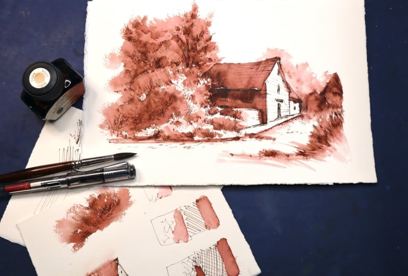 Line and wash sketching in fountain pen