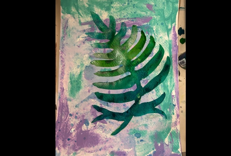 Philodendron Leaf in ink on mix media bkgd