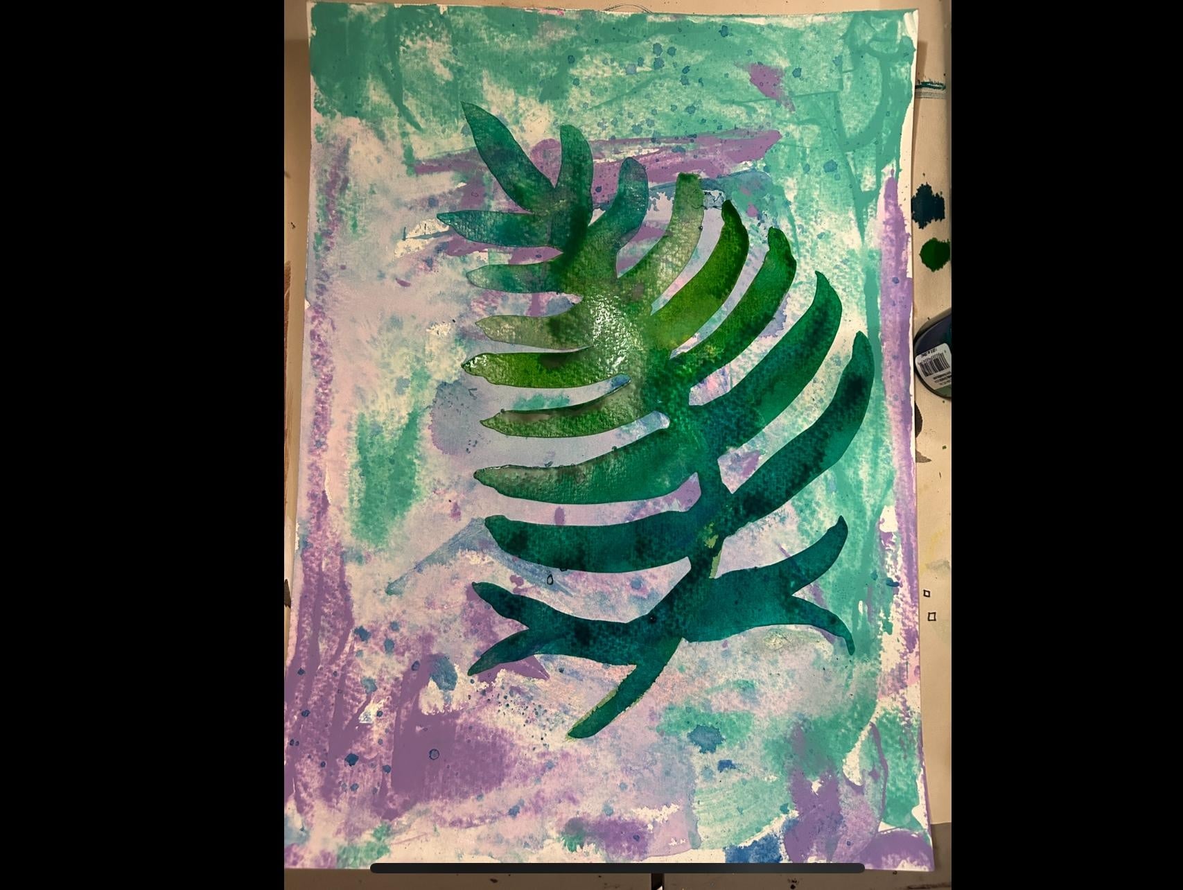 Philodendron Leaf in ink on mix media bkgd - student project