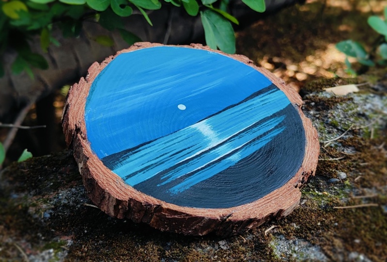 Gouache Sunset on a Wooden Coaster