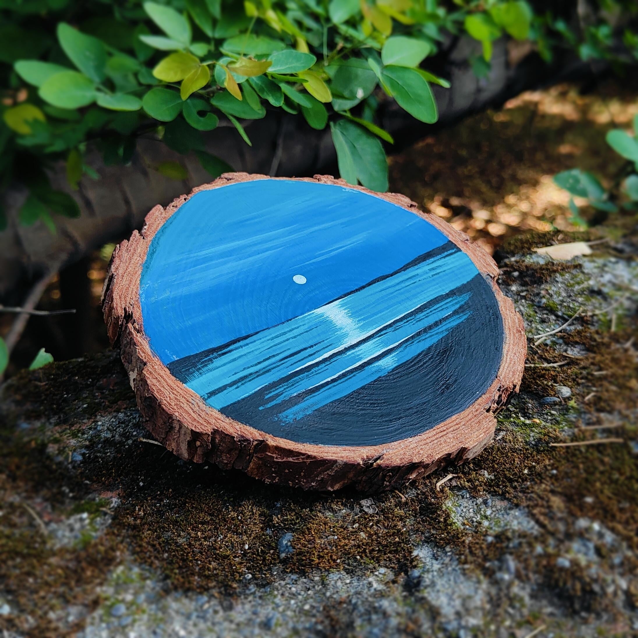Gouache Sunset on a Wooden Coaster - student project