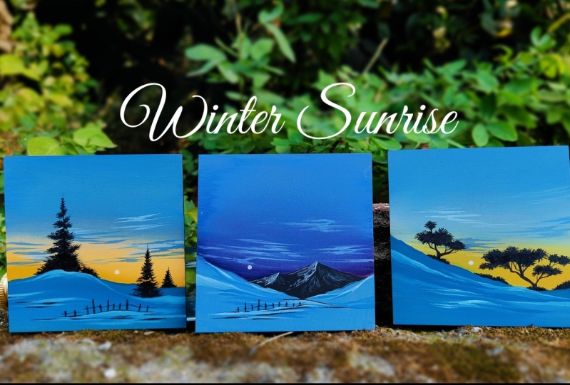 Winter Sunrise Painting With Gouache - A Collection of Three Coasters