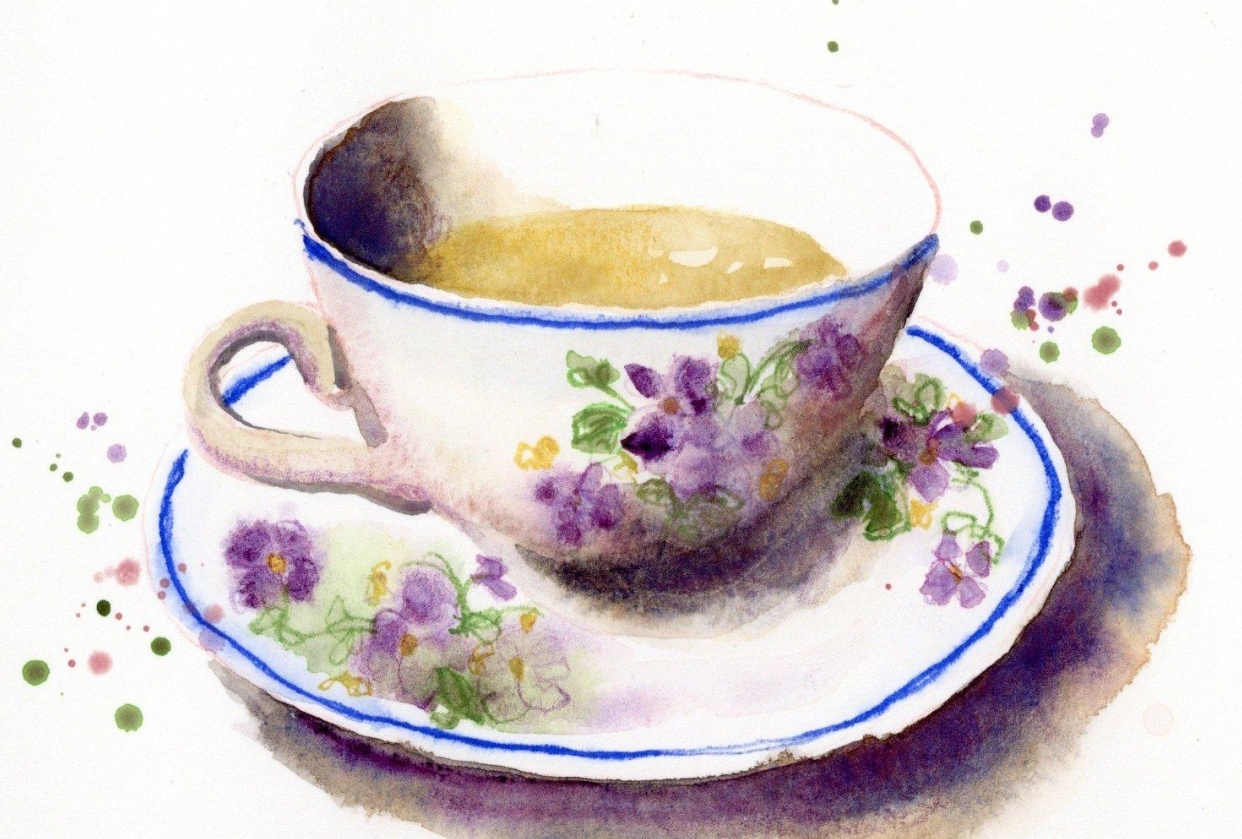Vintage tea cup with watercolor and color pencil - student project