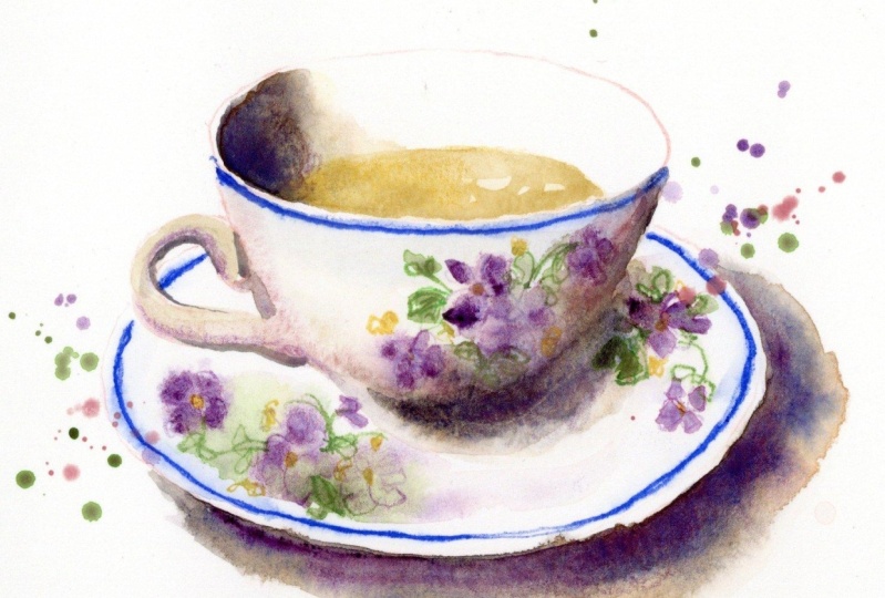 Vintage tea cup with watercolor and color pencil