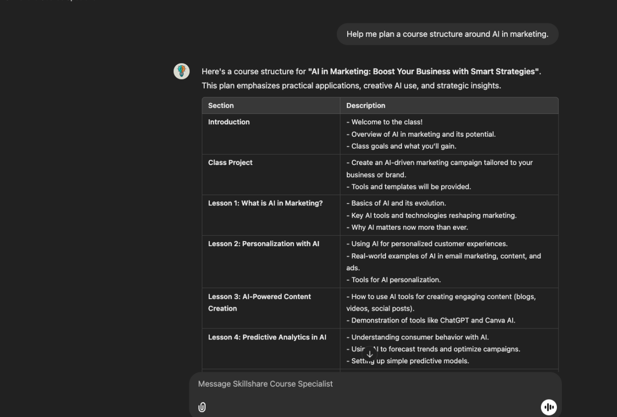 Example of my custom ChatGPT's response after fine-tuning - student project