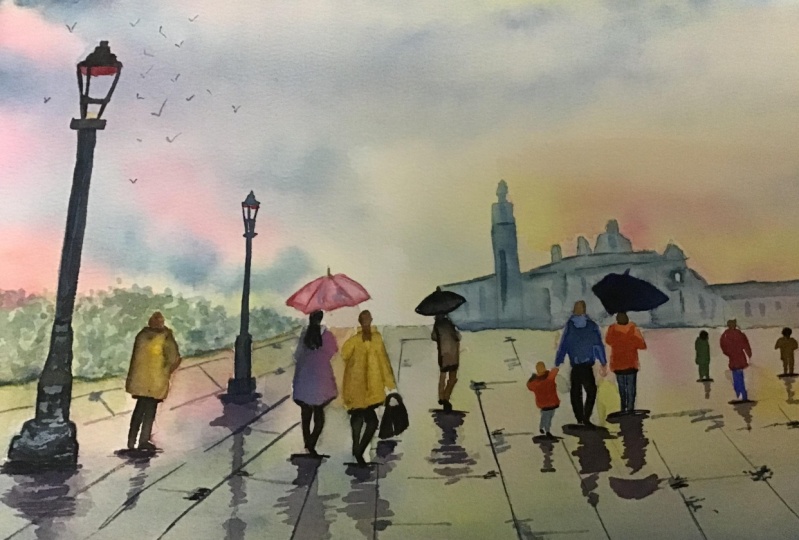 April showers…rain, umbrellas, sunset sky and people