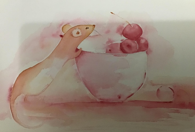 Loose watercolour painting mouse and cherries