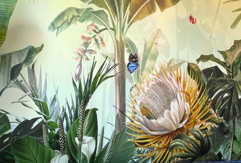 bedroom - a field of flowers and lounge room - a jungle retreat