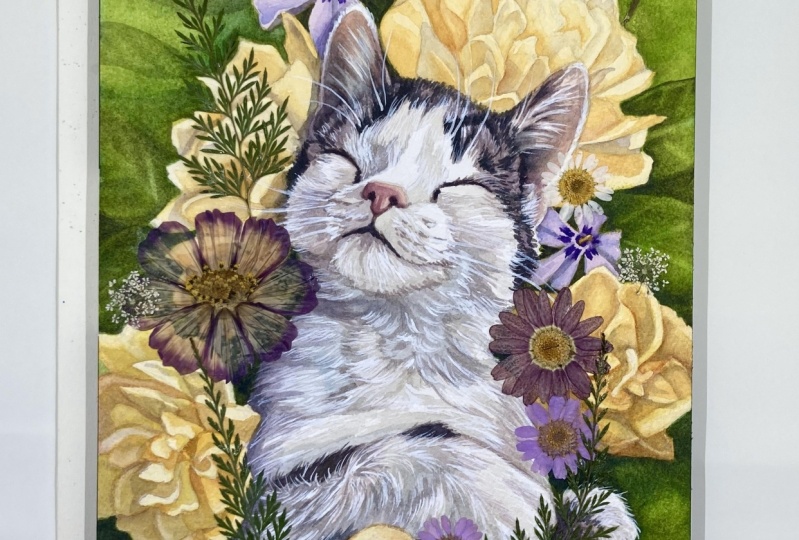 Watercolor & Digital Paintings: Cats with Flowers