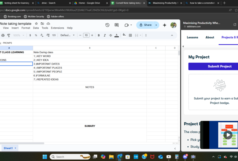 Cornell style notes on google sheets
