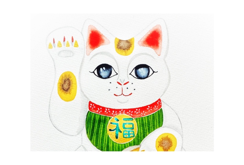 Watercolor Maneki-neko with a blessing wish