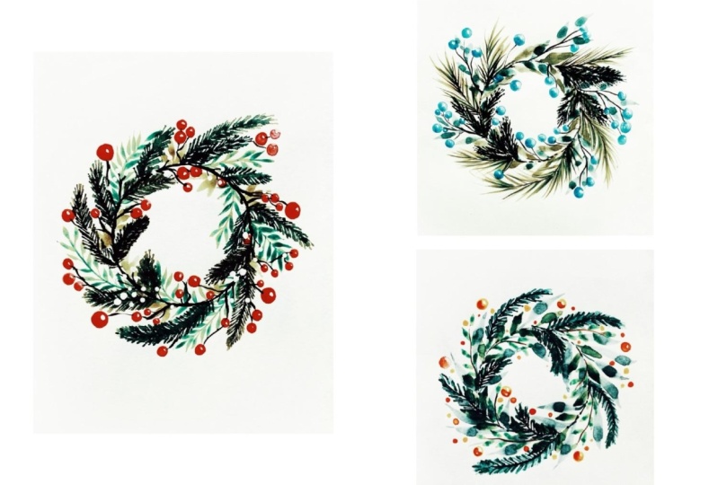 Three unique Christmas wreaths Watercolor