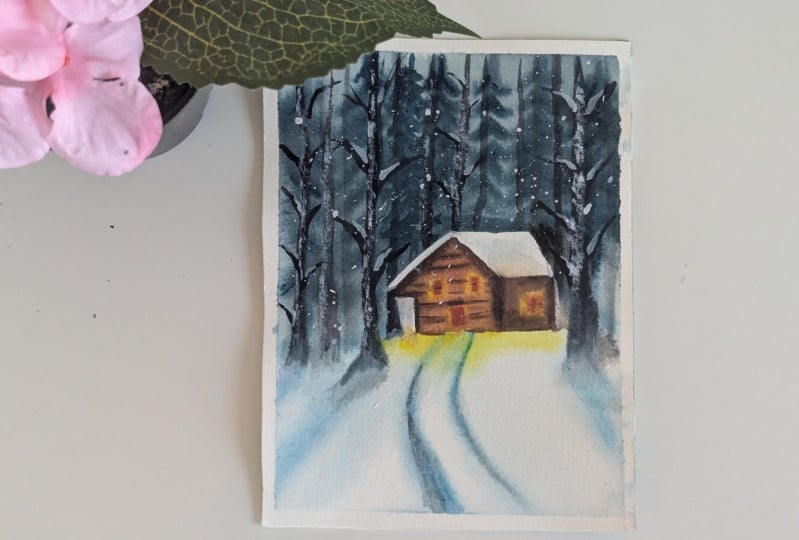 Winter Snowy Cabin in the Woods - Using Watercolours