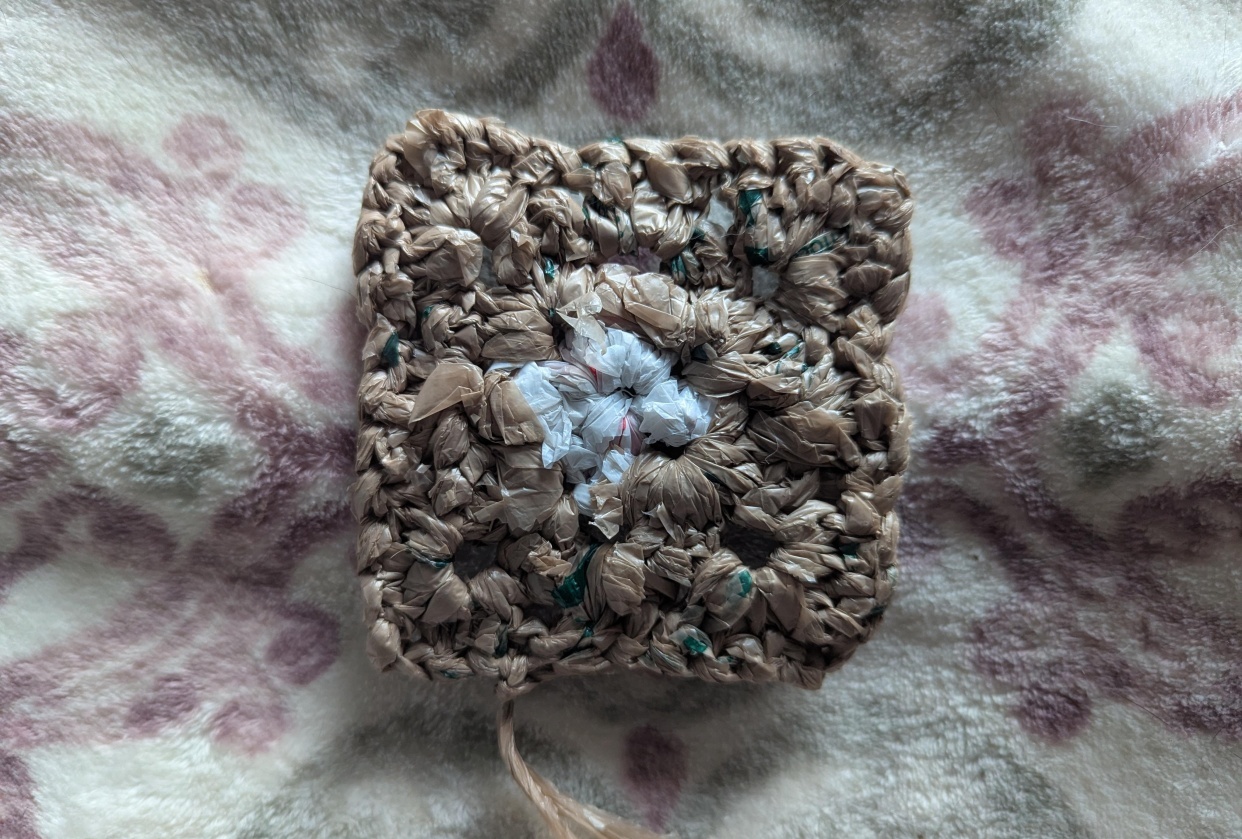 First Granny Square with Plastic Yarn - student project