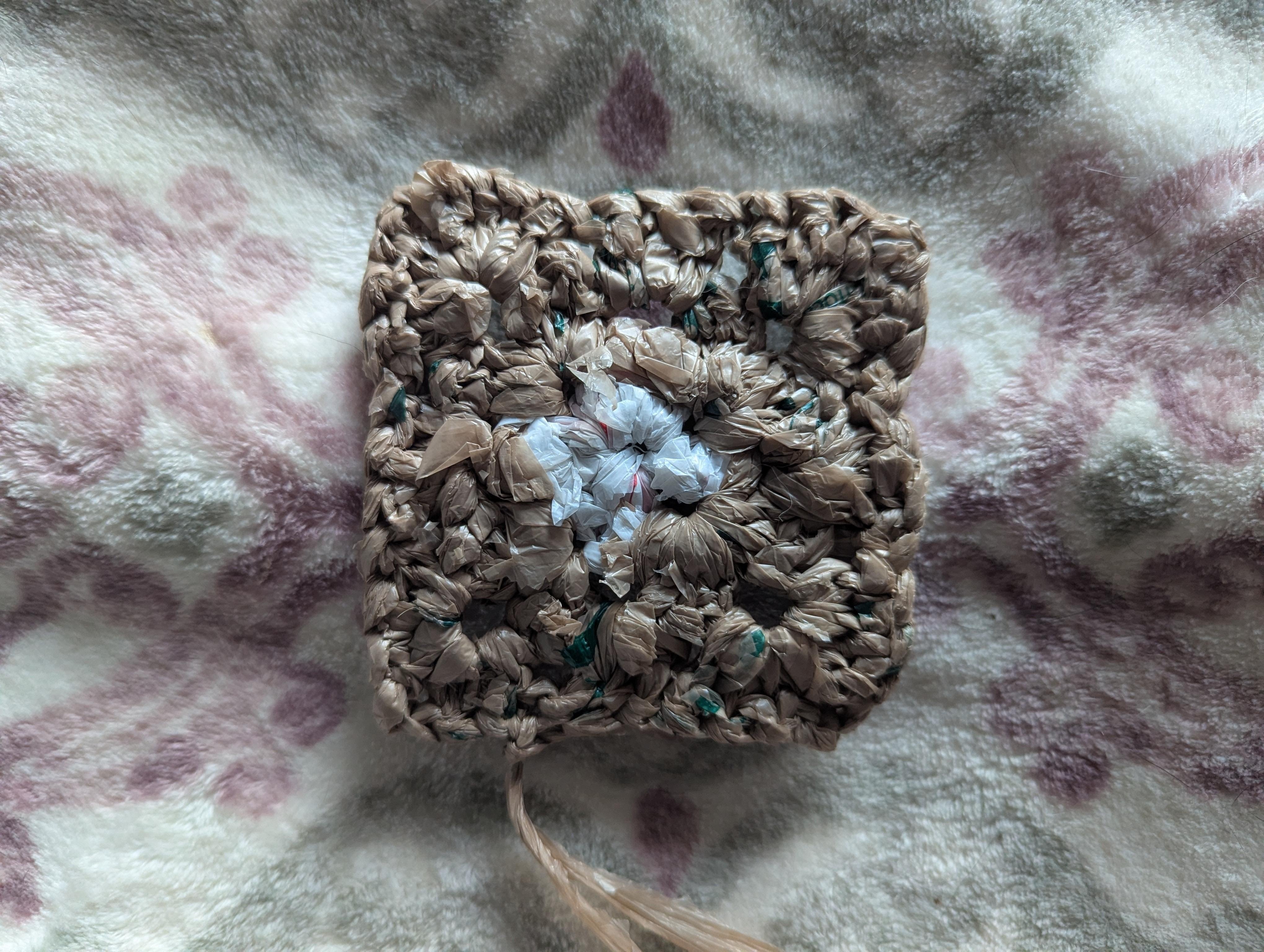First Granny Square with Plastic Yarn - student project