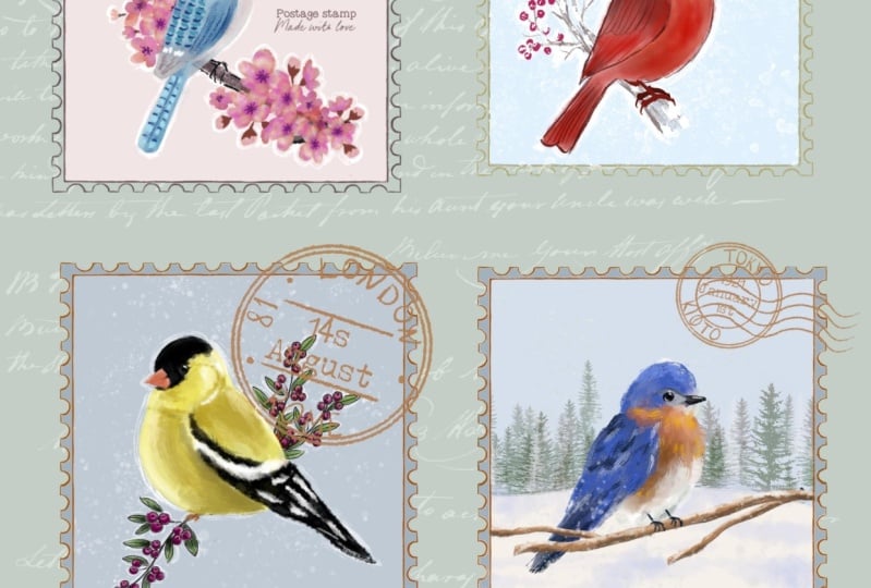 Winter Birds Postage Stamps