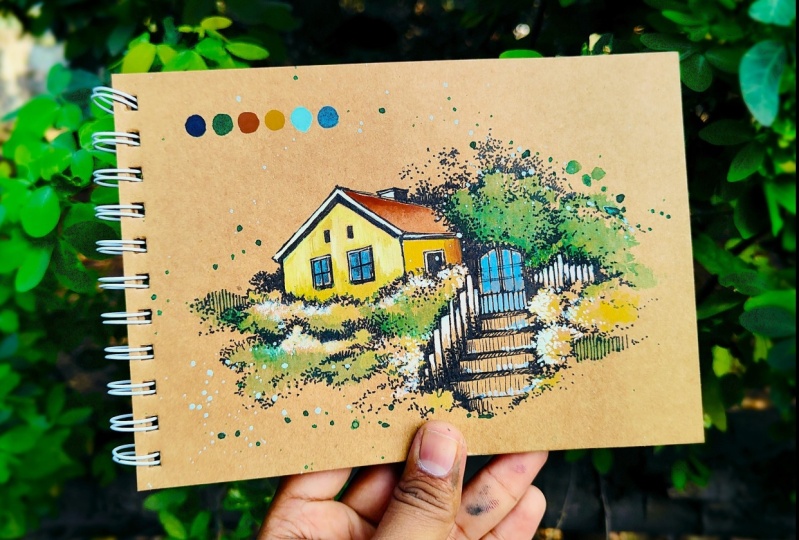 Watercolor Landscape and Sketching on Brown Paper