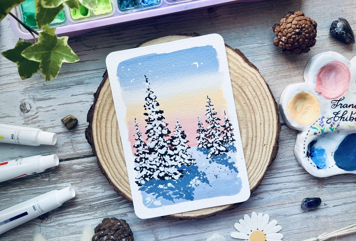 My Glowy Winter Landscape Gouache Painting - student project