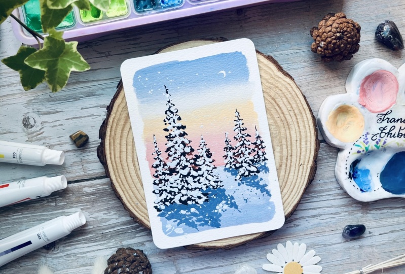 My Glowy Winter Landscape Gouache Painting