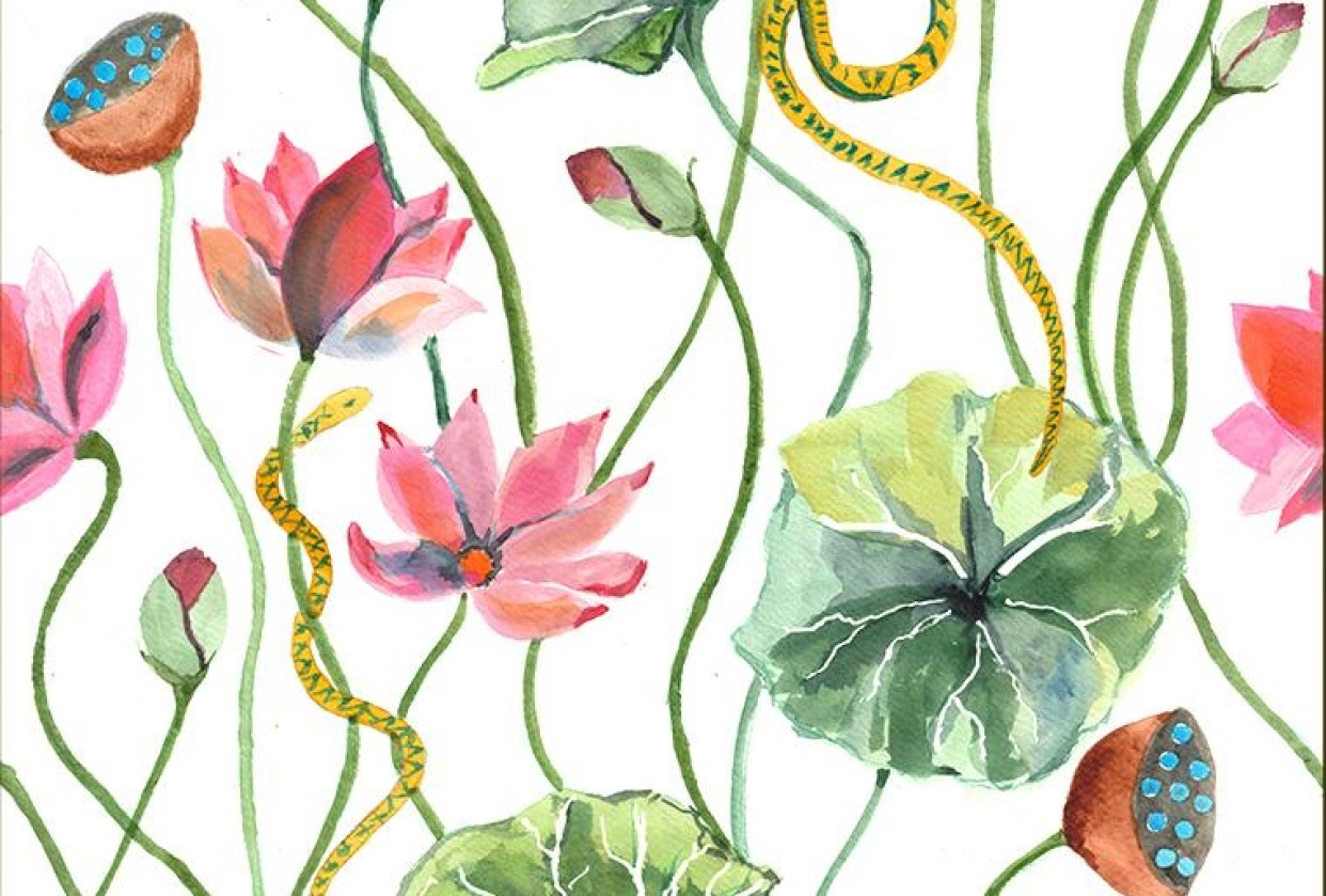 Lotus Flowers and Snakes - Painting For Pattern Design 2 - student project