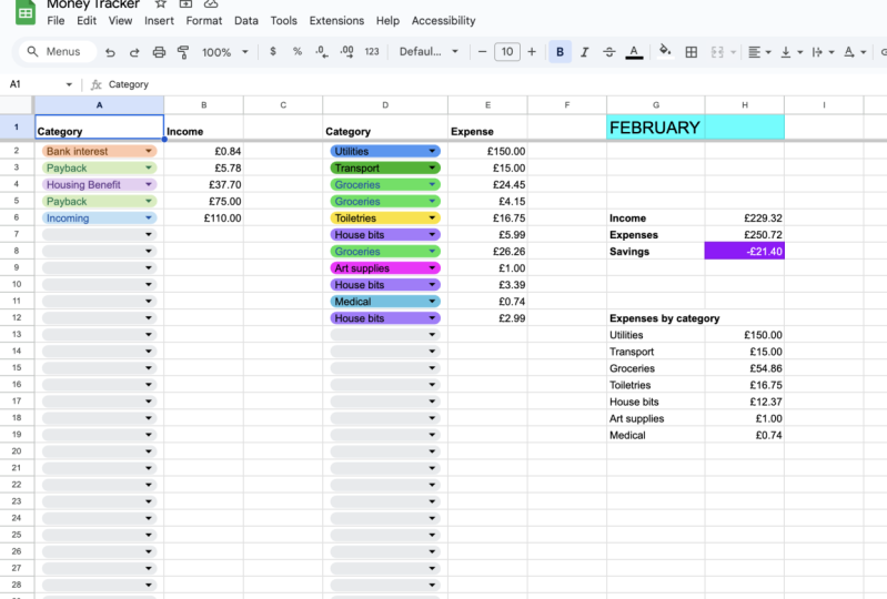 My money tracking spreadsheet