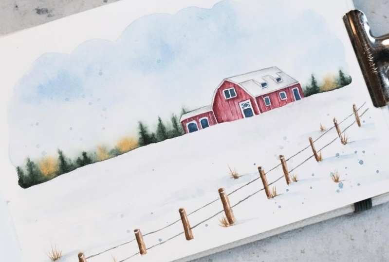 Snowy red barn