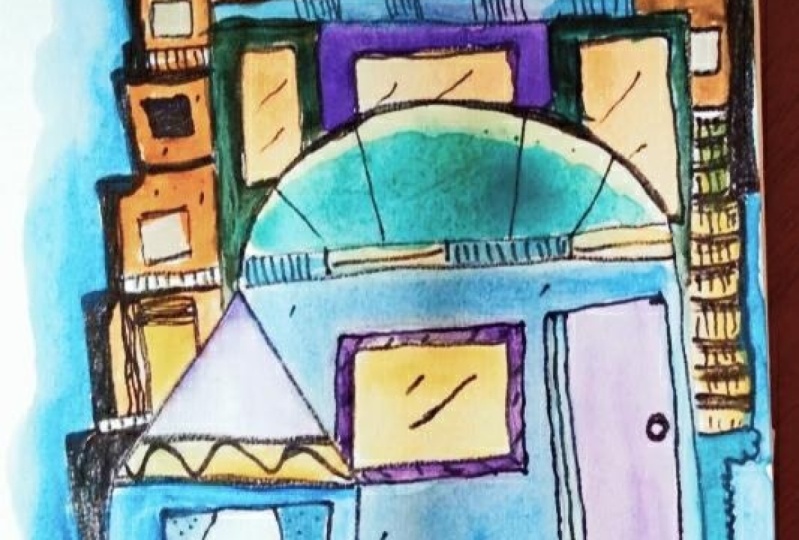 Abstract house with sketch watercolor