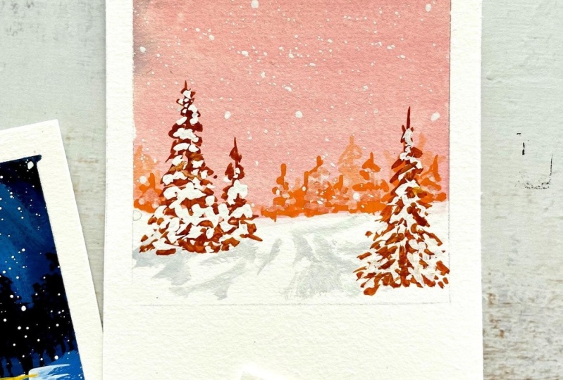 “Gouache Polaroids: Paint Winter Snowscapes” Class by Peggy Dean