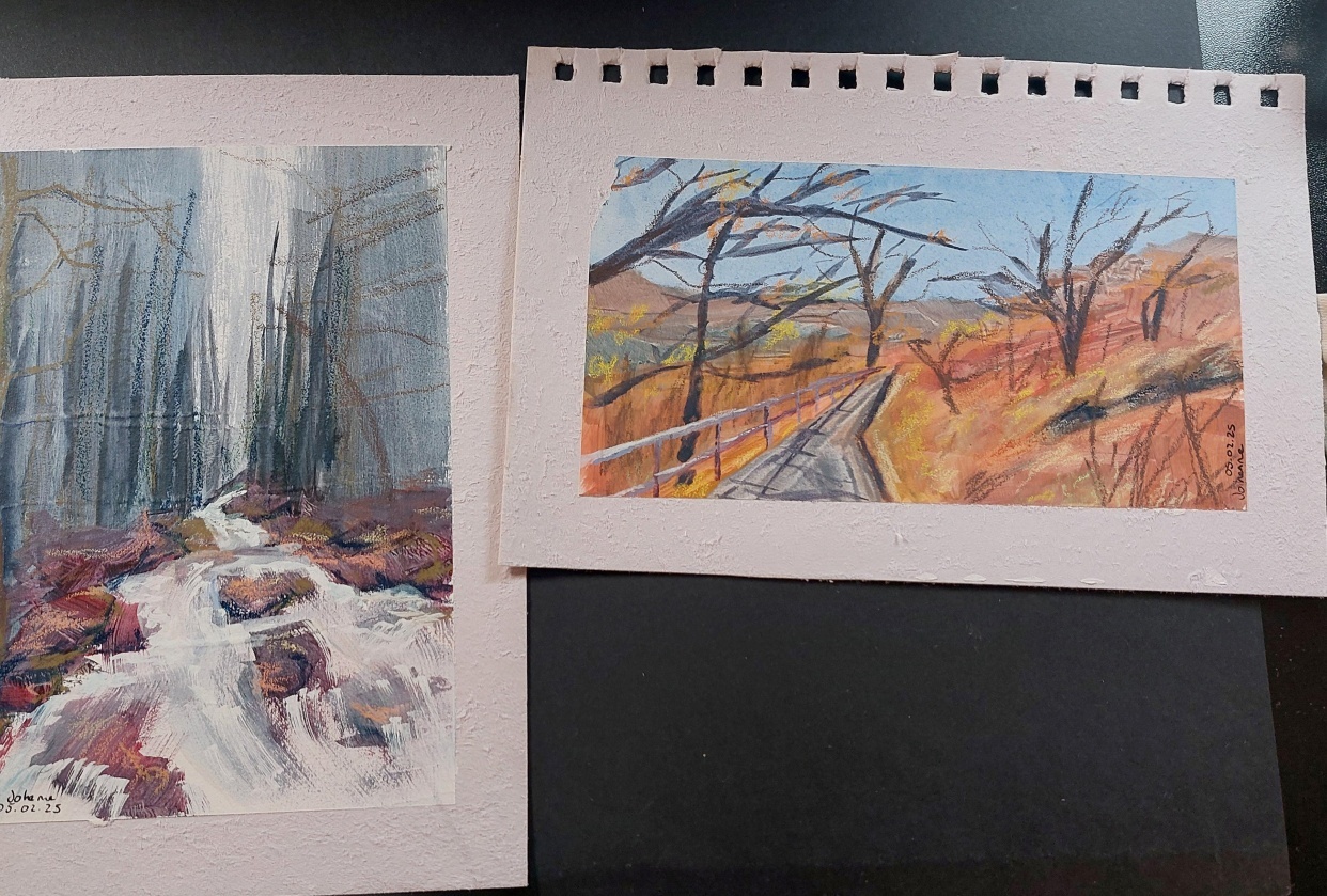 Mixing acrylics and Neocolor 2 - student project