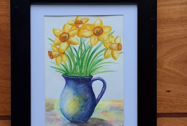 Daffodils in blue jug
