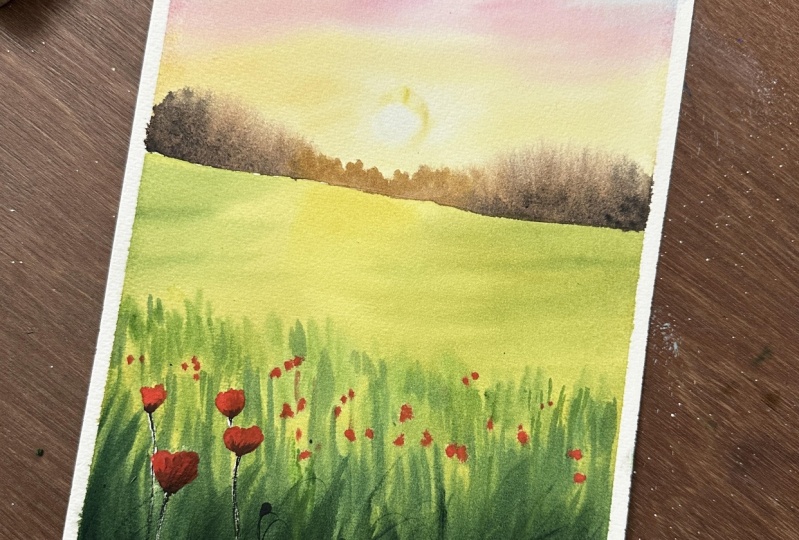 Spring Poppy Meadow using watercolours