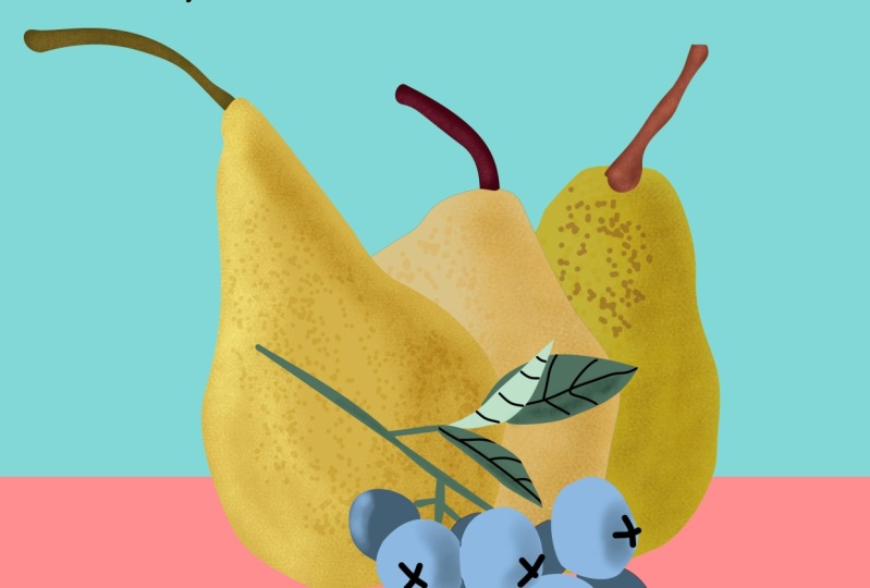 Three Pears, Some Blueberries and a Bee