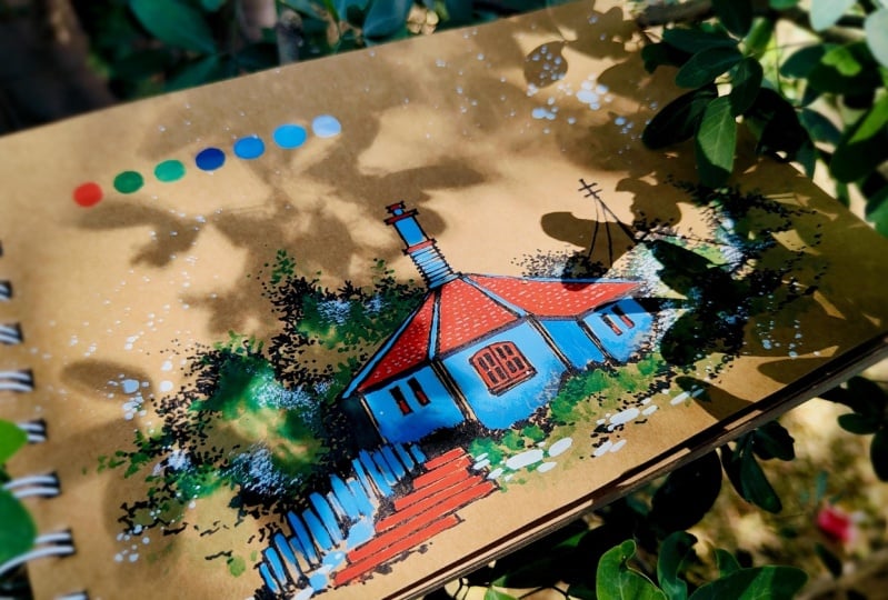 Vintage House With Watercolors on Brown Paper