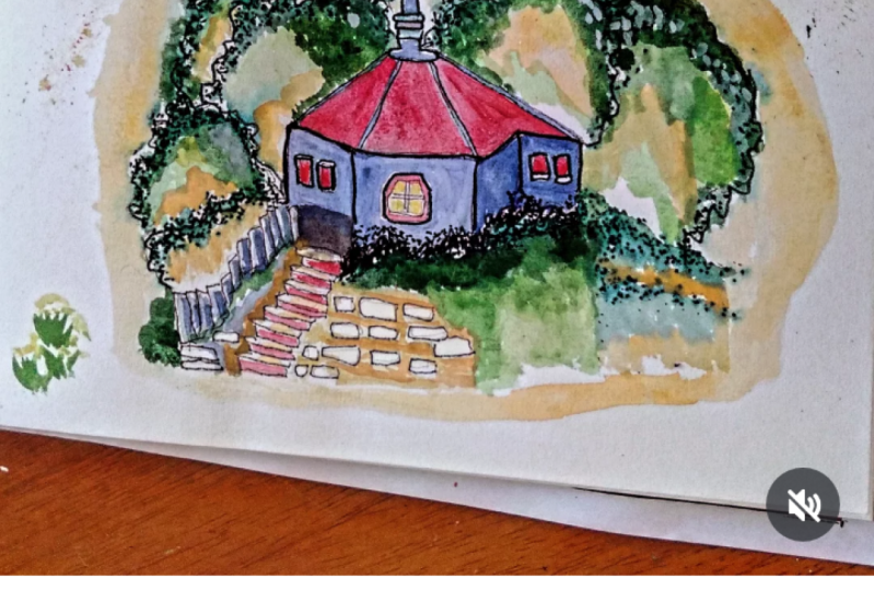 Vintage house with watercolor and sketch