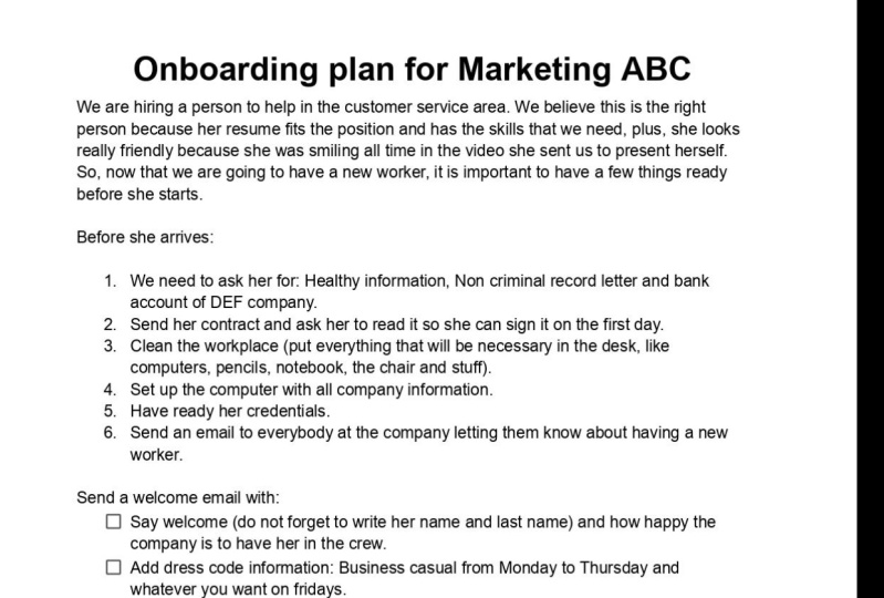 Onboarding plan