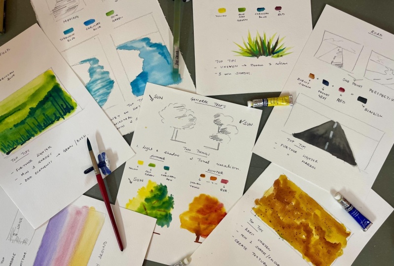 Watercolour elements - trees, sky, grass and more