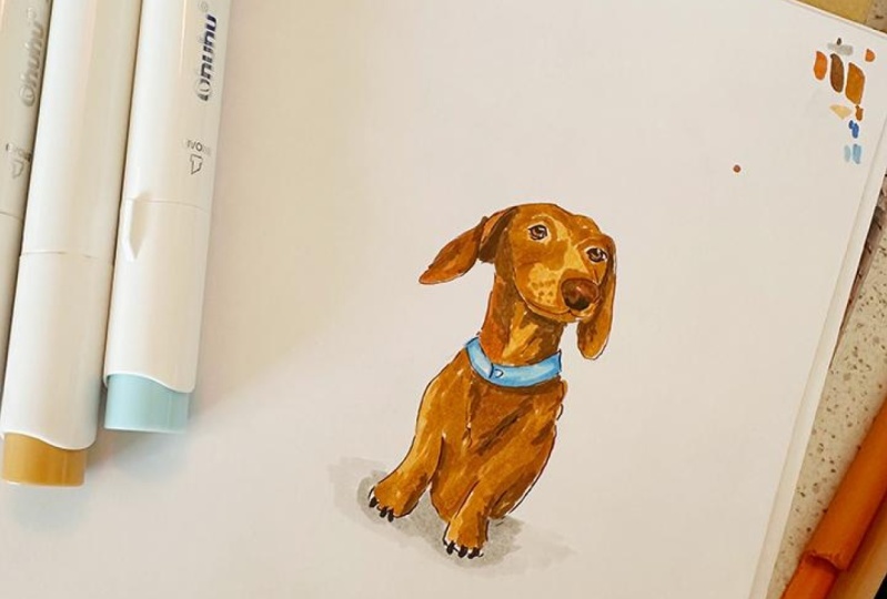 A miniature drawing of a miniature dachshund