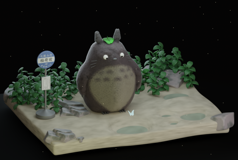 Totoro waiting at the bus stop diorama