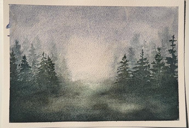 Foggy Pine Tree Landscape with Watercolours