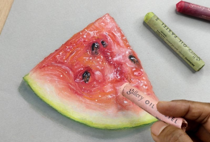 Watermelon Drawing with Oil Pastels