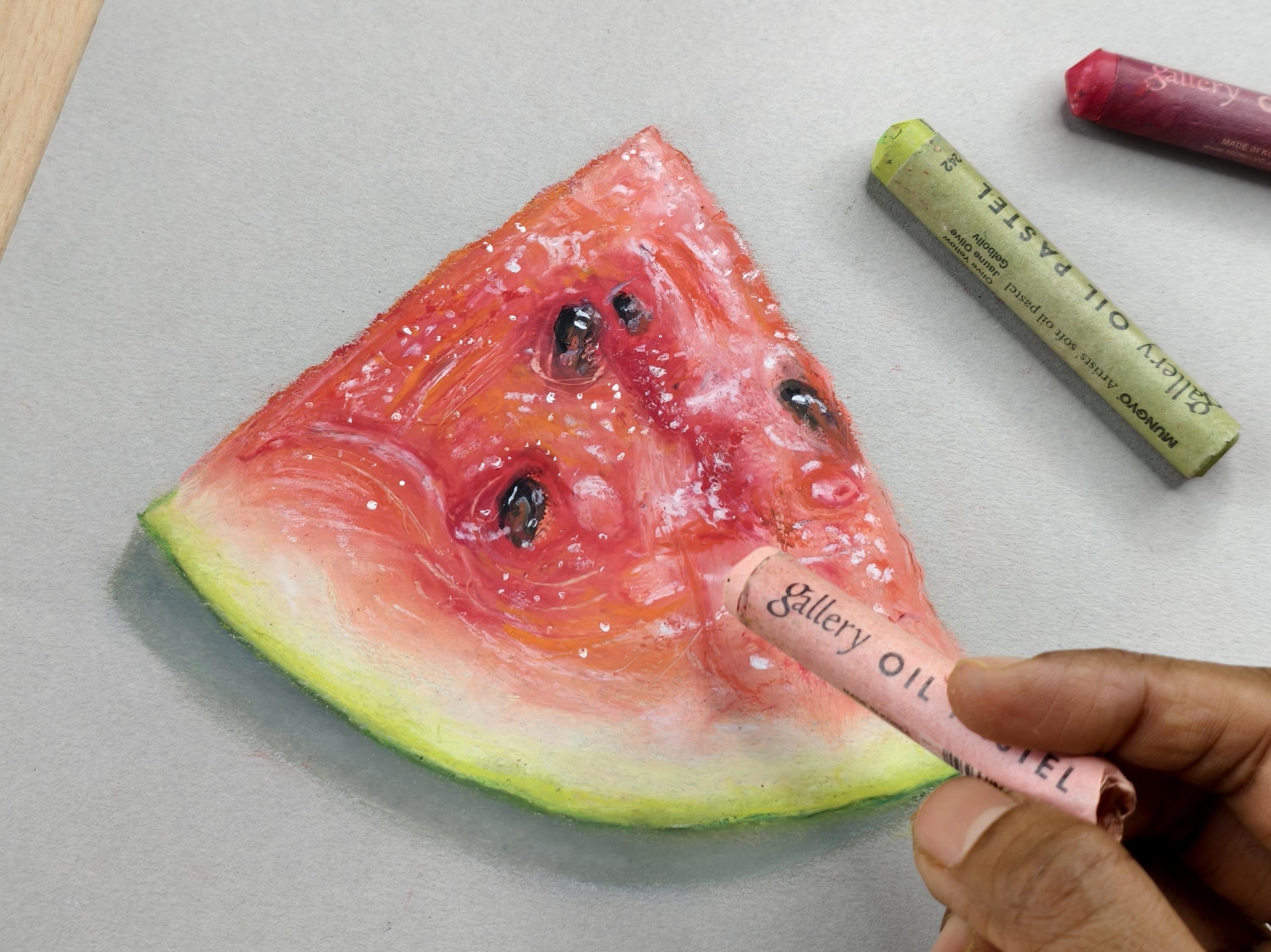Watermelon Drawing with Oil Pastels - student project